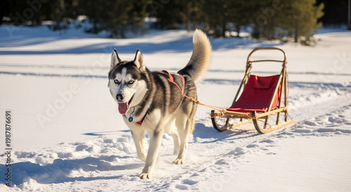 Energetic husky dog pulling red sled in snowy winter landscape with bright sunlight casting long shadows on the snow-covered ground