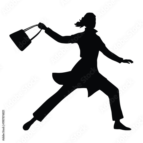 Woman silhouette carrying a handbag while walking forward in a stylized fashion pose.
