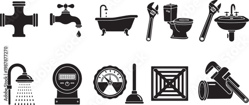 Black silhouette icons of bathroom fixtures and plumbing elements