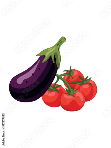 fresh eggplant with ripe tomatoes close up macro detail on clean white background