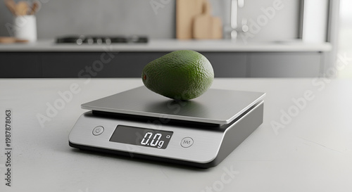 Fresh green avocado fruit sitting on a digital kitchen scale for healthy eating in a bright modern interior