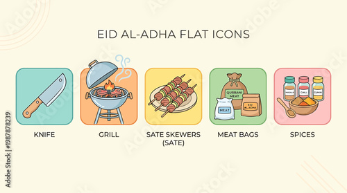 Eid Al-Adha flat icons set for celebrations featuring knife grill sate skewers meat bags and spices symbolizing traditional food preparation.