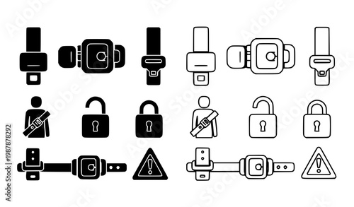 Seat belt icon pack filled and outline styles car safety symbols vector dual set