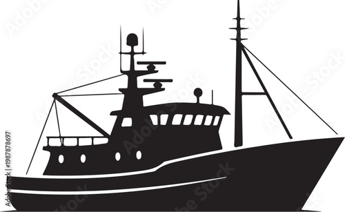 Fishing boat, silhouette, black vector, nautical icon, marine symbol