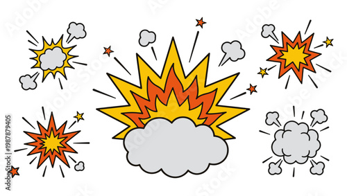 Explosion Burst Icon Set on PNG Background, explosion, burst, blast, cartoon, comic, impact, energy, boom, bang, dynamite, fire, flame, spark, sparks, debris, smoke, cloud, puff, power, effect, 