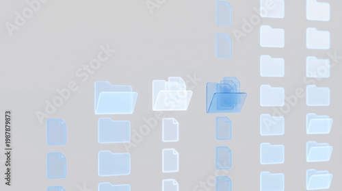 Digital document file management and data workflow organization in cloud storage system with 3D translucent folder icons for business information technology and efficient database archiving.