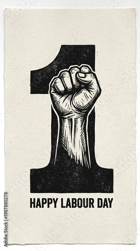 Fist forming the number one with a happy labour day greeting below