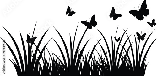 Butterflies flying over grass, black silhouettes of insects and plants, transparent background.