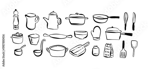Hand Drawn Kitchen Utensils and Cookware Doodle Set, Whimsical sketch art, Kitchen Collection for branding, advertising, posters, banners, invitation, card