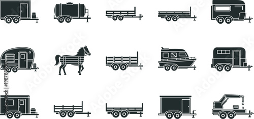 Large Vector Collection of Cargo Trailer Icons Set Featuring Caravan Horse Box Boat Carrier Flatbed Tanker and Utility Transport Silhouettes for Logistics Design Projects