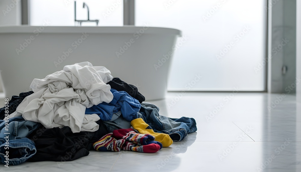 Obraz premium Pile of dirty laundry scattered on a bathroom floor in a modern home, representing a housekeeping and domestic chore concept for lifestyle and cleaning