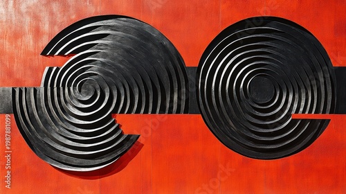 Abstract relief sculpture, two black spiral circles on red background