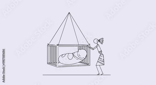Warli art style mother rocking baby in hanging cradle, traditional Indian tribal folk art vector, mother and newborn child illustration isolated PNG with Transparent Background