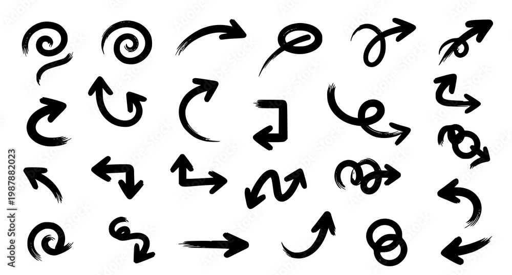 Fototapeta premium Collection of hand drawn black brushstroke arrows diverse shapes and directions for design elements