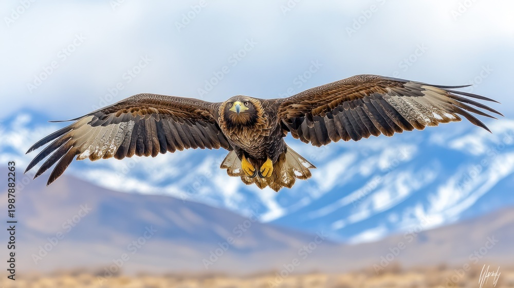 Obraz premium Bird of prey in flight, mountains background