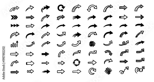 Collection of hand drawn black and white arrows diverse styles and directions for visual communication