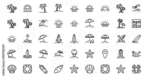 Summer vacation icons a collection of beach and tropical elements in black and white line art