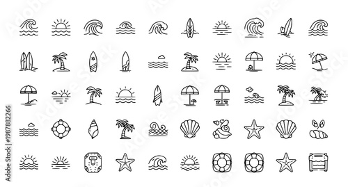Black and white summer icons collection beach ocean and tropical vacation elements