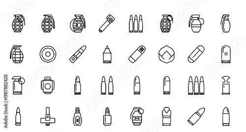 Collection of black and white line art icons depicting various military and tactical equipment