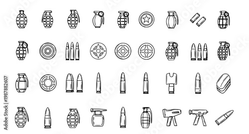 Collection of hand drawn military and tactical equipment icons in black and white