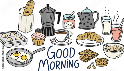 Breakfast illustration with various food items and good morning text