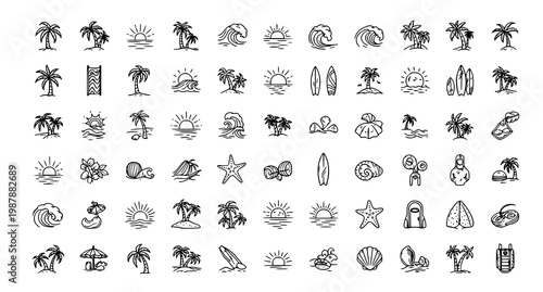 Collection of tropical summer elements hand drawn black and white icons for beach and vacation designs