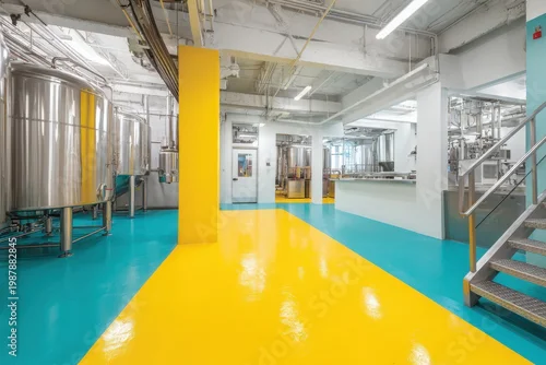 Fototapeta na wymiar Modern industrial brewery interior with stainless steel tanks and vibrant flooring