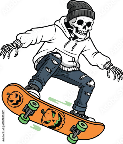Spooky Halloween skater boy riding a skateboard with pumpkin art