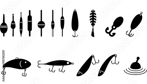 Fishing lure vector silhouettes for outdoor and recreational activities