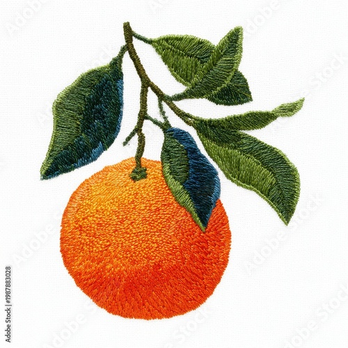 Vibrant Orange Fruit Hanging From A Branch With Green Leaves Against A White Background Detailed Stippling Art
