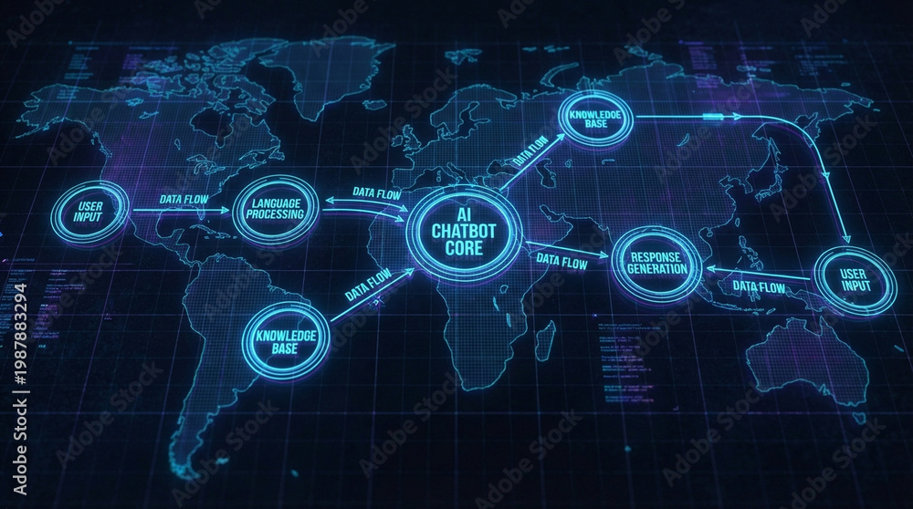 Fototapeta premium AI chatbot core data flow with language processing knowledge base and response generation on futuristic digital world map interface glowing blue