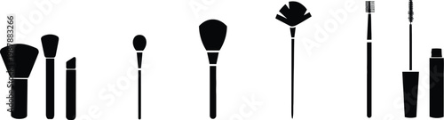 Makeup brush and cosmetic icons in black silhouette style
