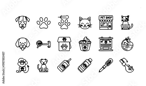 Pet care outline icons set veterinary dog cat grooming and training vector eps10