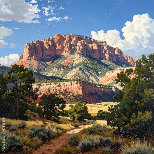 A serene desert landscape with a dirt path leading to a majestic mountain range