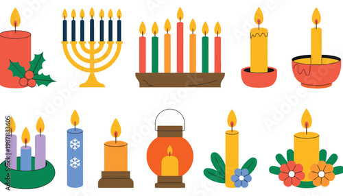Candle vector illustration set with various colorful candles and holders