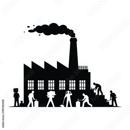 Industrial factory building with workers performing tasks, Labor Day vector design.