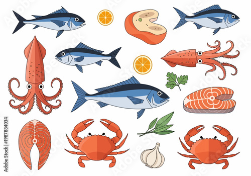 Fresh Seafood and Fish Illustration Set with Tuna, Salmon, Crab, Squid, and Herbs on White Background