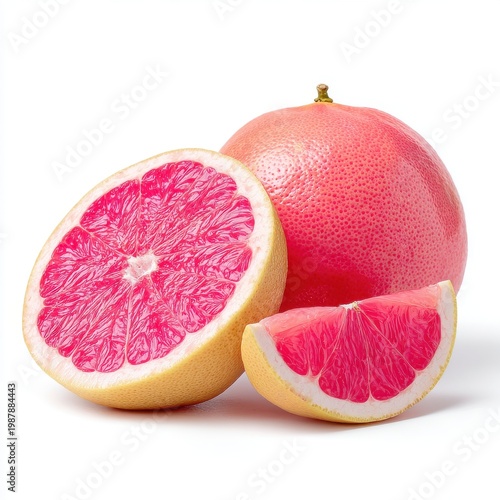 Vibrant Pink Grapefruit Halved and Sliced with Whole Fruit Isolated on White Studio Background