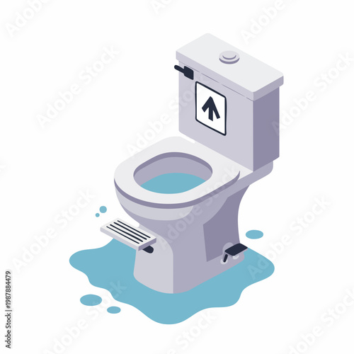 Isometric Leaking Toilet Bowl Flooding Bathroom Fixture Flat Illustration