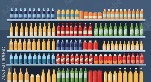 Flat vector illustration of various colorful beverages, including soda bottles, water, and juice cans, arranged neatly on multiple shelves in a retail supermarket or grocery store display.