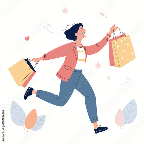 Happy Man Running Fast and Carrying Shopping Bags After Big Sale