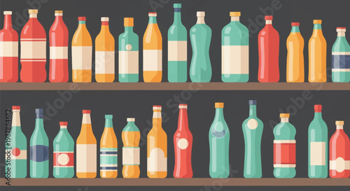Flat vector illustration of assorted colorful beverage bottles arranged on two horizontal shelves against a dark gray background, including soda, juice, water, and condiment containers.