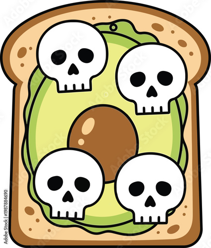 Vector illustration of avocado toast with spooky skulls