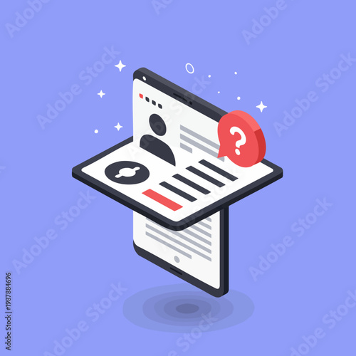 Isometric Detailed Account Profile Page on Smartphone with Question Mark