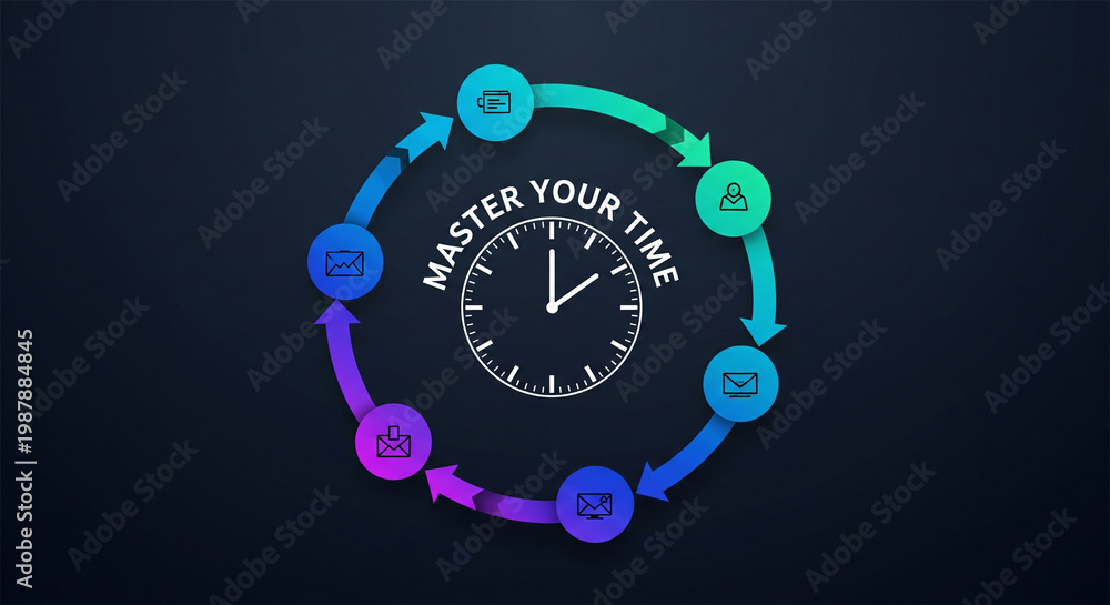 Fototapeta premium Circular infographic showing time management steps with clock and icons on dark background