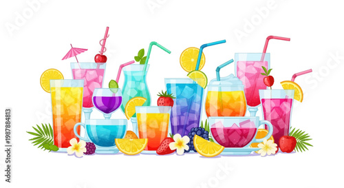 Assorted colorful tropical cocktails, fruit juices, and iced teas in various glassware decorated with straws, ice cubes, citrus slices, berries, and exotic flowers on white background.