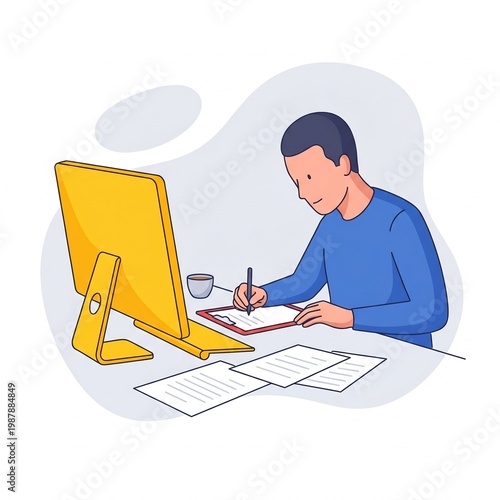 Freelance professional working at desktop computer taking notes on clipboard with coffee cup on modern workspace illustration