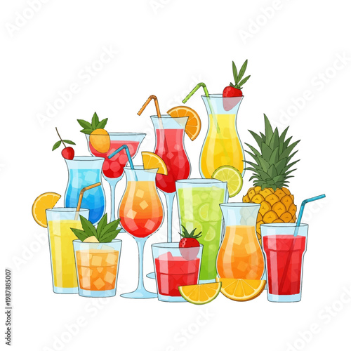 Vector illustration of various summer cocktails and fruit drinks in different glasses with straws, ice, orange slices, strawberries, lime, and pineapple on white background.