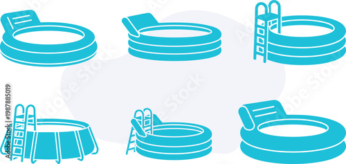 Vector set of round blue inflatable pools with headrests and steps, Silhouette set of backyard swimming gear and home aquatic leisure, Summer illustration design