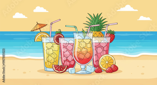 Vector illustration of colorful tropical summer cocktails with ice cubes and straws on a sandy beach with garnishes like pineapple, strawberries, orange slices and a sun umbrella.